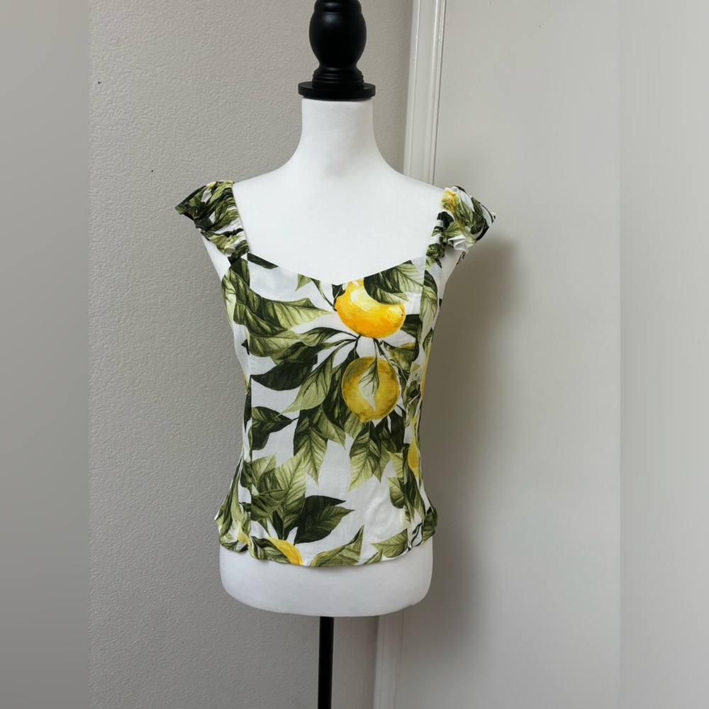 H&M lemon yellow white ruffle top flutter sleeve small s‎ cottagecore
